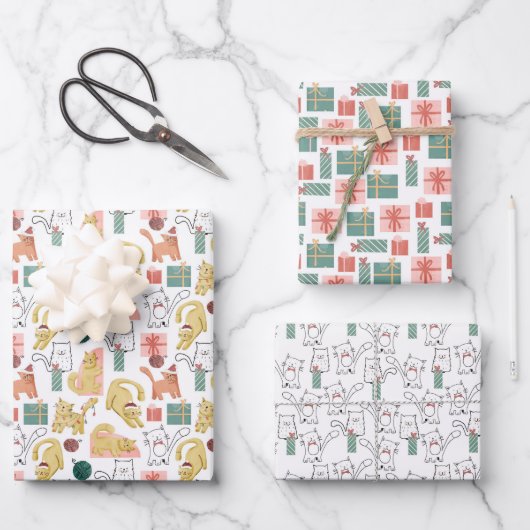 Weihnachtskatzen Spaß Urlaub Geschenk Wrap 3 Muste Geschenkpapier Set (Vorderseite)