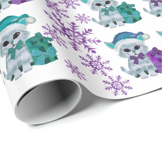 Weihnachtskatzenverpackung lila aquamarin geschenkpapier (Rolleneckpunkt)