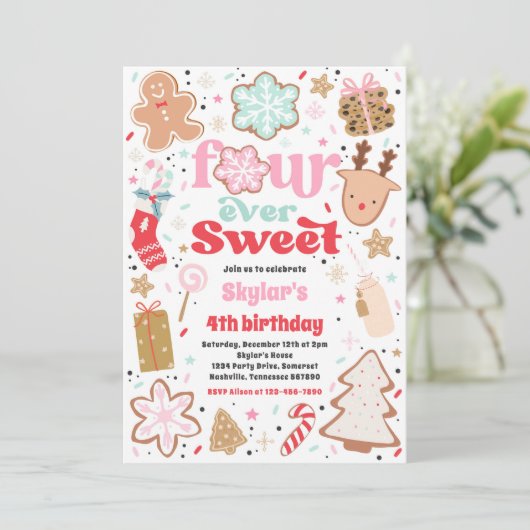 Weihnachtskeks Vier mal Sweet Birthday Party Einladung (Stehend Vorderseite)