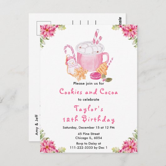 Weihnachtskekse und Kakao Geburtstagsparty Pink Postkarte (Vorne/Hinten)