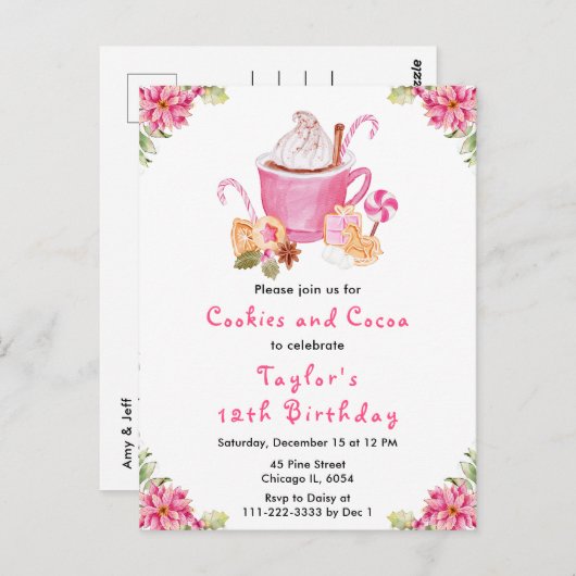 Weihnachtskekse und Kakao Geburtstagsparty Pink Postkarte (Vorne/Hinten)