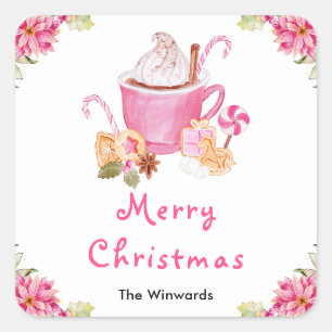 Weihnachtskekse und Kakao Rosa Frohe Weihnachten Quadratischer Aufkleber