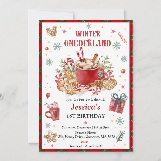 Weihnachtskekse und Kakao-Winter Onederland Einladung (Vorderseite)