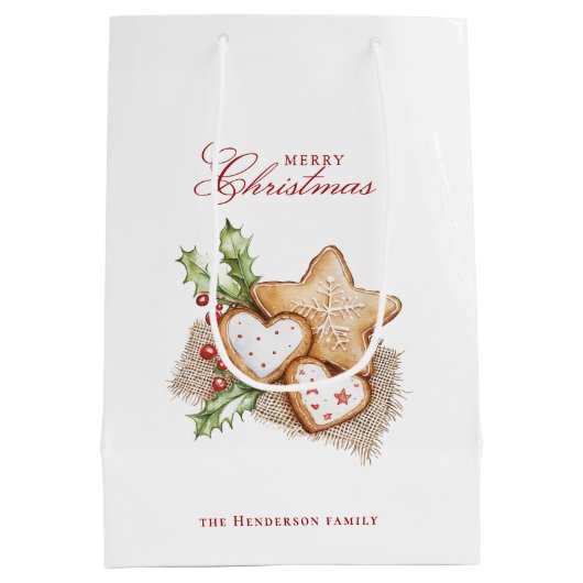 Weihnachtskekse und Pine White Individuelle Name Mittlere Geschenktüte (Rückseite)