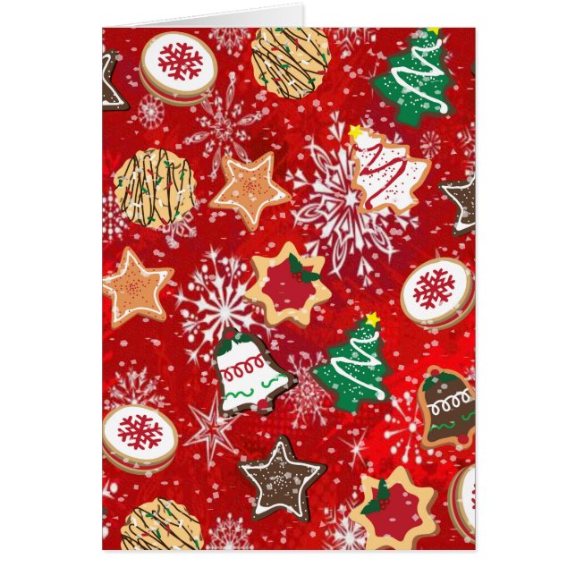 Weihnachtskekse und Schneeflocken auf Rot (Vorne)