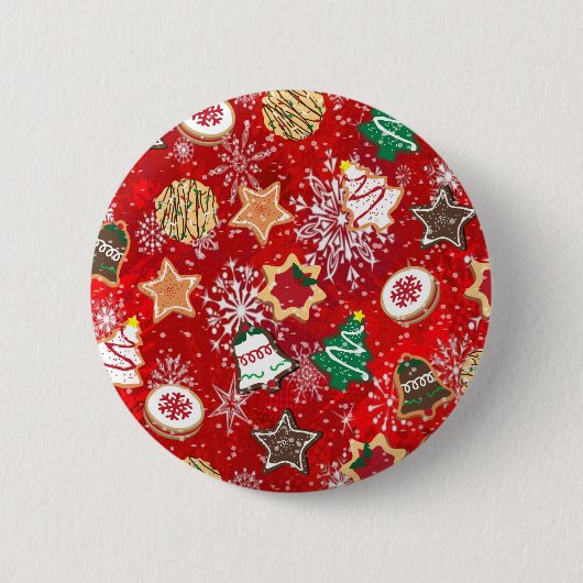 Weihnachtskekse und Schneeflocken auf Rot Button (Vorderseite)