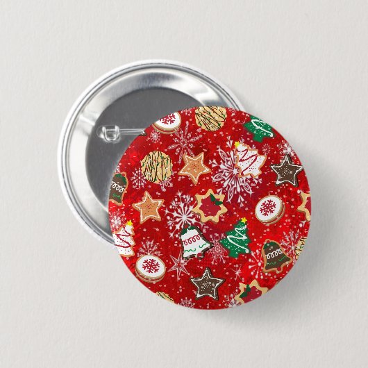 Weihnachtskekse und Schneeflocken auf Rot Button (Vorne & Hinten)