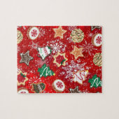 Weihnachtskekse und Schneeflocken auf Rot Puzzle (Horizontal)