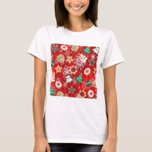 Weihnachtskekse und Schneeflocken auf Rot T-Shirt