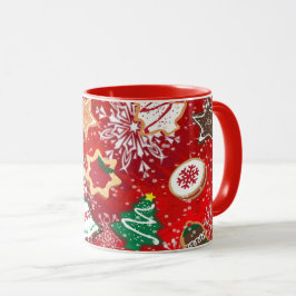 Weihnachtskekse und Schneeflocken auf Rot Tasse
