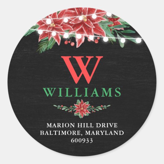 Weihnachtskeller Rücksendeadresse Poinsettia Runder Aufkleber (Vorderseite)