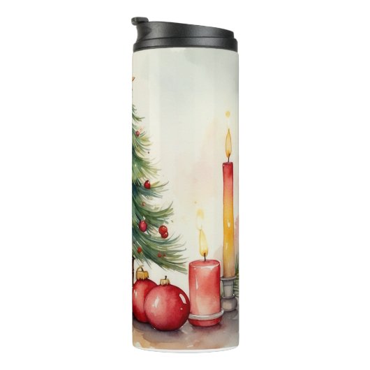 Weihnachtskerze Aquarell Festliche Malerei Thermosbecher (Nach rechts gedreht)