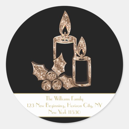 Weihnachtskerze Holly Black und White Gold Script Runder Aufkleber (Vorderseite)