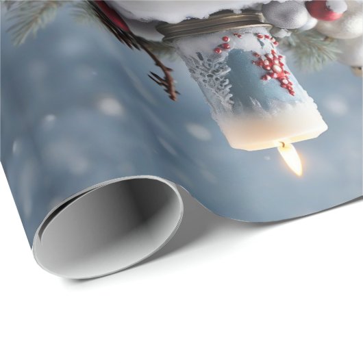 Weihnachtskerze im Winter mit Schnee und Kopierrau Geschenkpapier (Rolleneckpunkt)