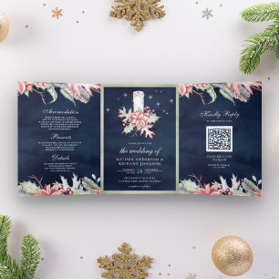 Weihnachtskerze Poinsettia QR Code Navy Hochzeit Dreifach Gefaltete Einladung