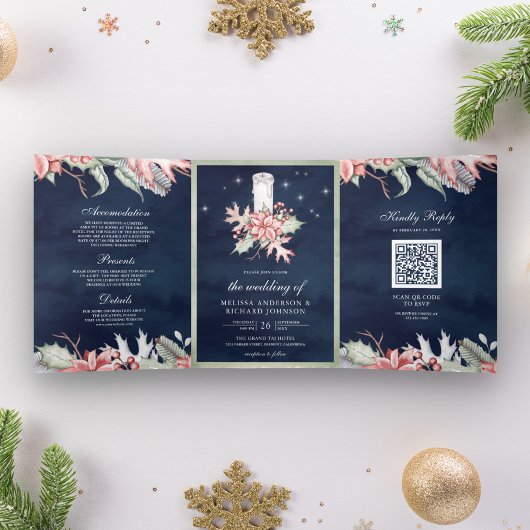 Weihnachtskerze Poinsettia QR Code Navy Hochzeit Dreifach Gefaltete Einladung