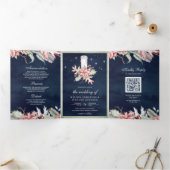 Weihnachtskerze Poinsettia QR Code Navy Hochzeit Dreifach Gefaltete Einladung (Innenseite)