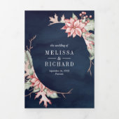 Weihnachtskerze Poinsettia QR Code Navy Hochzeit Dreifach Gefaltete Einladung (Cover)