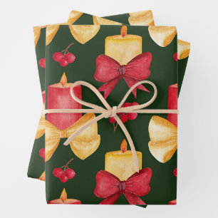 Weihnachtskerzen, Beeren und Bänder  Geschenkpapier Set