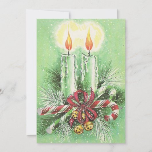 Weihnachtskerzen, Glocken und Bonbons Feiertagskarte (Vorderseite)