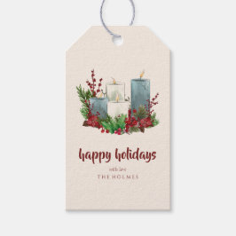 Weihnachtskerzen mit Blume und Berries Geschenkanhänger