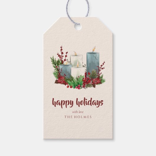 Weihnachtskerzen mit Blume und Berries Geschenkanhänger (Vorderseite)