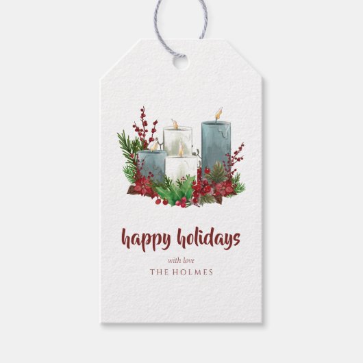 Weihnachtskerzen mit Blume und Berries Geschenkanhänger (Vorderseite)