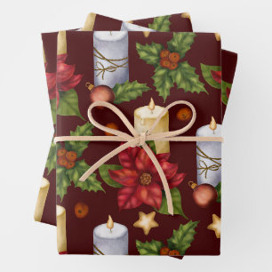 Weihnachtskerzen, Poinsettia und Holly Berry Geschenkpapier Set