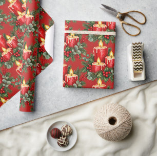 Weihnachtskerzen & Stechpalmen-Dekorationsmuster Geschenkpapier