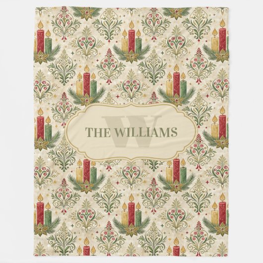 Weihnachtskerzen und Ornamente Monogramm Fleecedecke (Vorderseite)