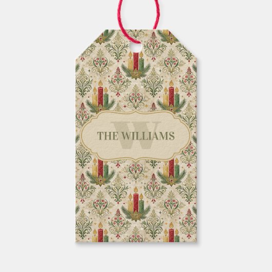 Weihnachtskerzen und Ornamente Monogramm Geschenkanhänger (Vorderseite)