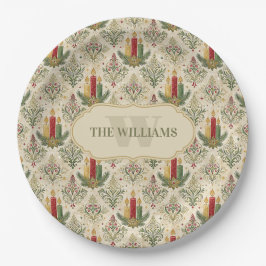 Weihnachtskerzen und Ornamente Monogramm Pappteller