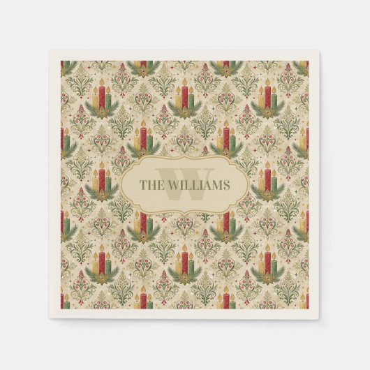 Weihnachtskerzen und Ornamente Monogramm Serviette (Vorderseite)