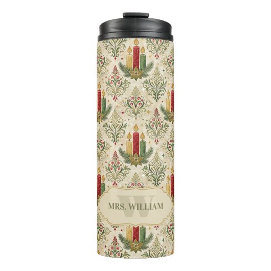 Weihnachtskerzen und Ornamente Monogramm Thermosbecher (Vorderseite)