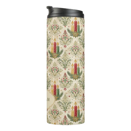 Weihnachtskerzen und Ornamente Monogramm Thermosbecher (Nach rechts gedreht)