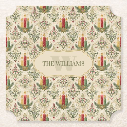 Weihnachtskerzen und Ornamente Monogramm Untersetzer (Vorderseite)
