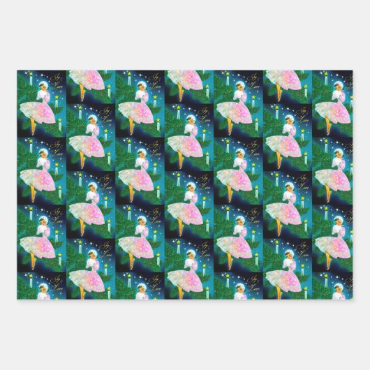 Weihnachtskerzenmädchen irisierender Glitzer Geschenkpapier Set (Vorderseite)