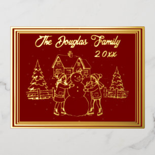 Weihnachtskids Skaten Szene in Gold mit Rot Folien Feiertagspostkarte