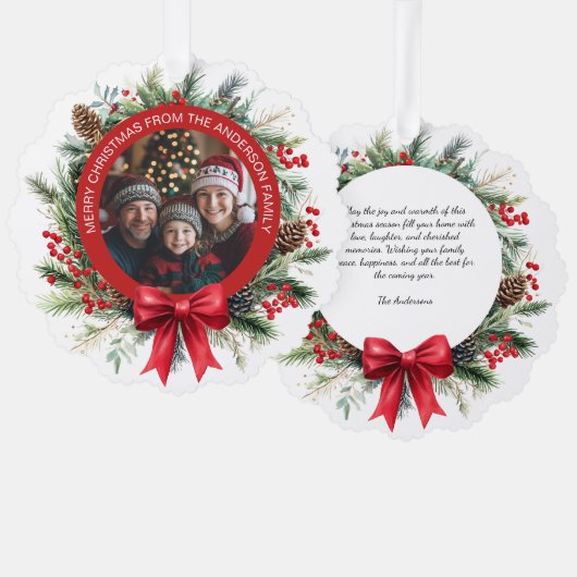 Weihnachtskiefer Blätter Holly Berries Foto Ornament Karte (Vorderseite/Rückseite)