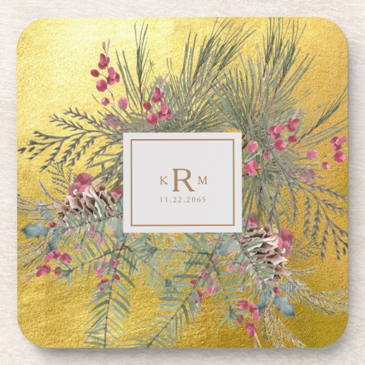 Weihnachtskiefer Botanisches Gold Monogramm Getränkeuntersetzer (Vorderseite)