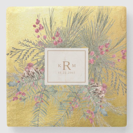 Weihnachtskiefer Botanisches Gold Monogramm Steinuntersetzer (Vorderseite)