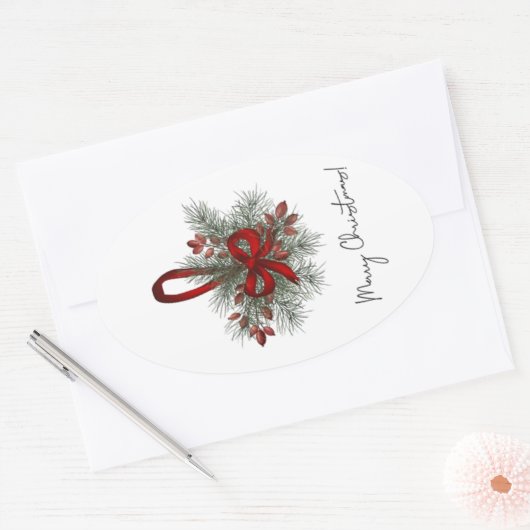 Weihnachtskiefer mit Rotem Bow Ovaler Aufkleber (Umschlag)
