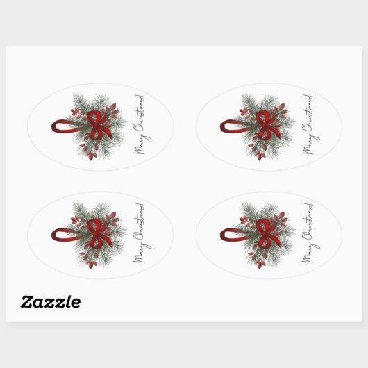 Weihnachtskiefer mit Rotem Bow Ovaler Aufkleber (Blatt)