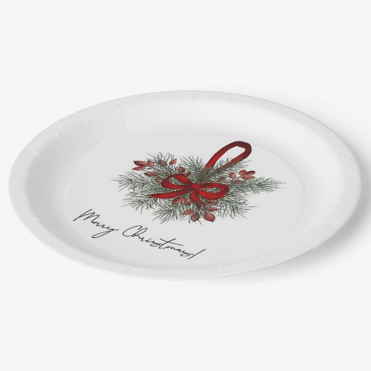 Weihnachtskiefer mit Rotem Bow Pappteller (Schrägansicht)
