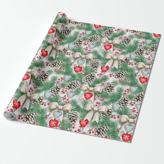 Weihnachtskiefer Ornamente Bows Wrapping Paper Geschenkpapier (Ungerollt)