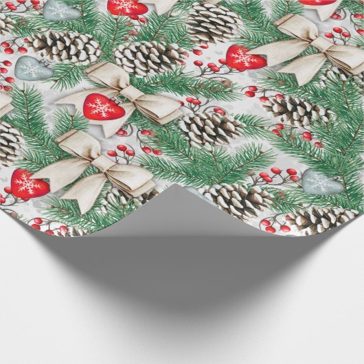 Weihnachtskiefer Ornamente Bows Wrapping Paper Geschenkpapier (Ecke)