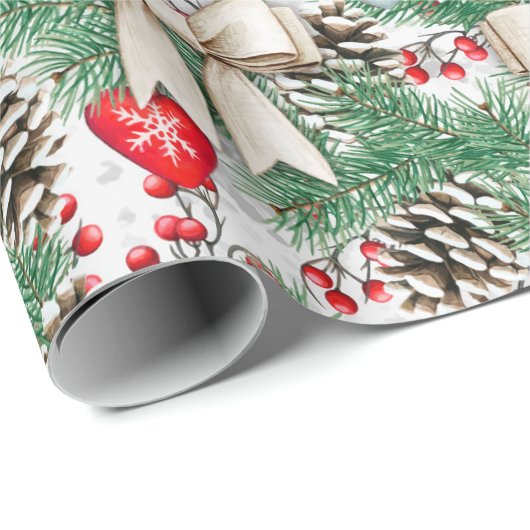 Weihnachtskiefer Ornamente Bows Wrapping Paper Geschenkpapier (Rolleneckpunkt)