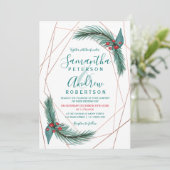 Weihnachtskiefer-Rahmen Rose Goldhochzeit Einladung (Stehend Vorderseite)