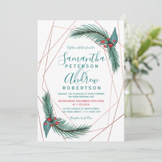 Weihnachtskiefer-Rahmen Rose Goldhochzeit Einladung (Stehend Vorderseite)