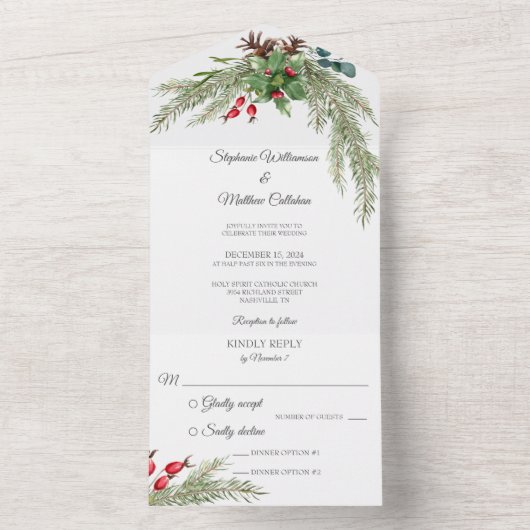 Weihnachtskiefer und Berries All In One Einladung (Innen Boden)